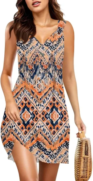 Summer Dresses for Women V Neck Sleeveless Tshirt Dress Boho Floral Printed Beach Vacation Mini Sundress