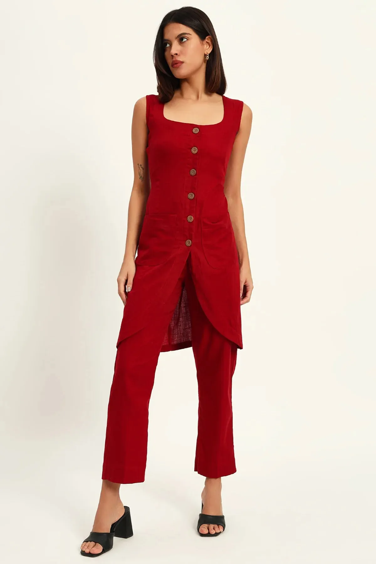 Tailored Vest Kurta Pant Set, Maroon