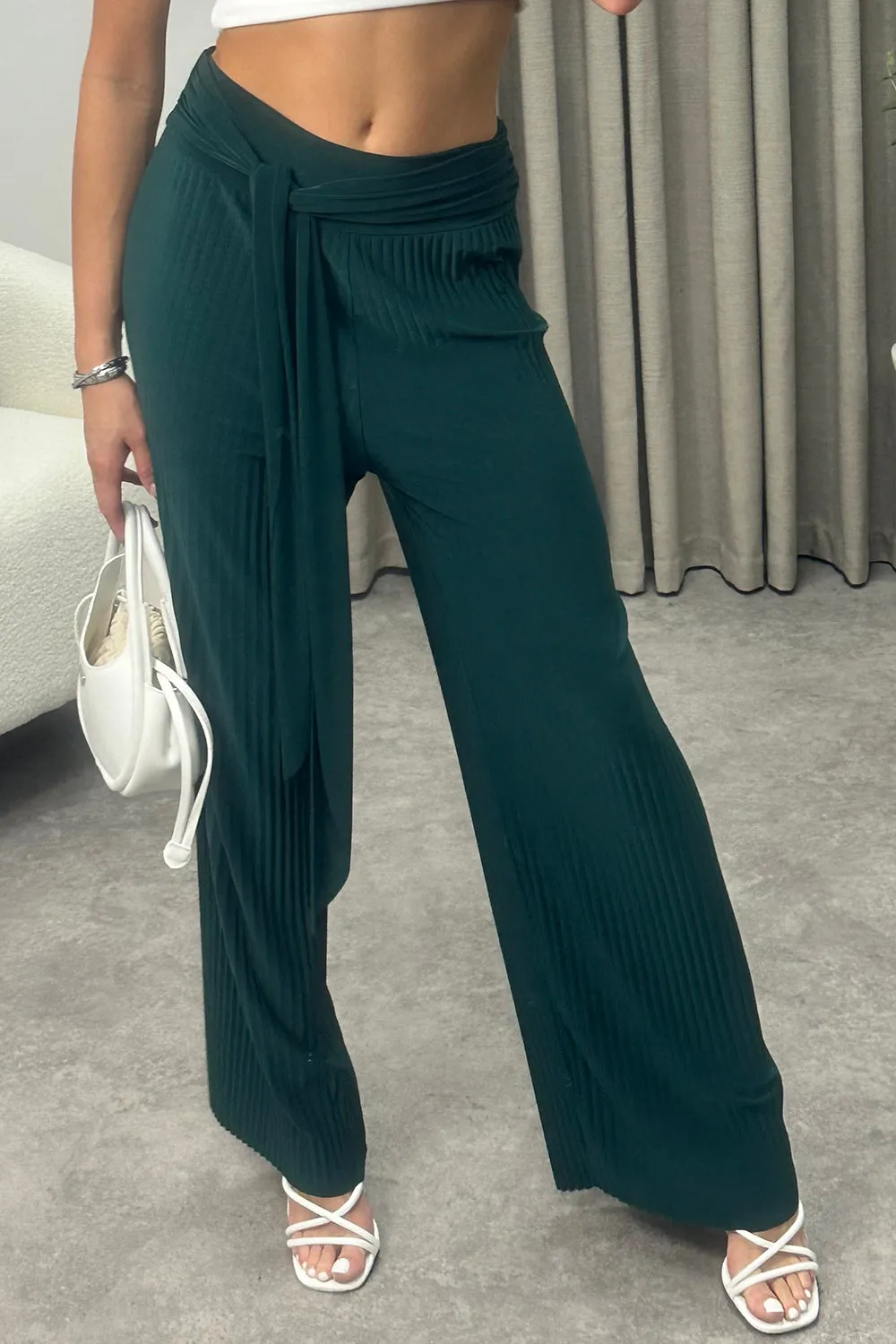 Teagan Green Slinky Plisse Tie Waist Wide Leg Trousers