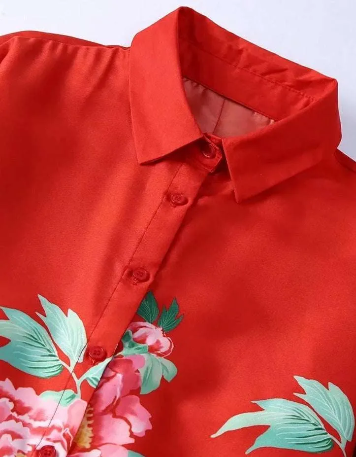 Vintage Chic Floral Red Blouse