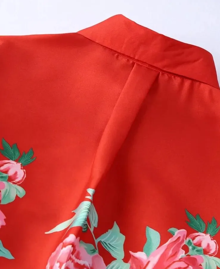 Vintage Chic Floral Red Blouse