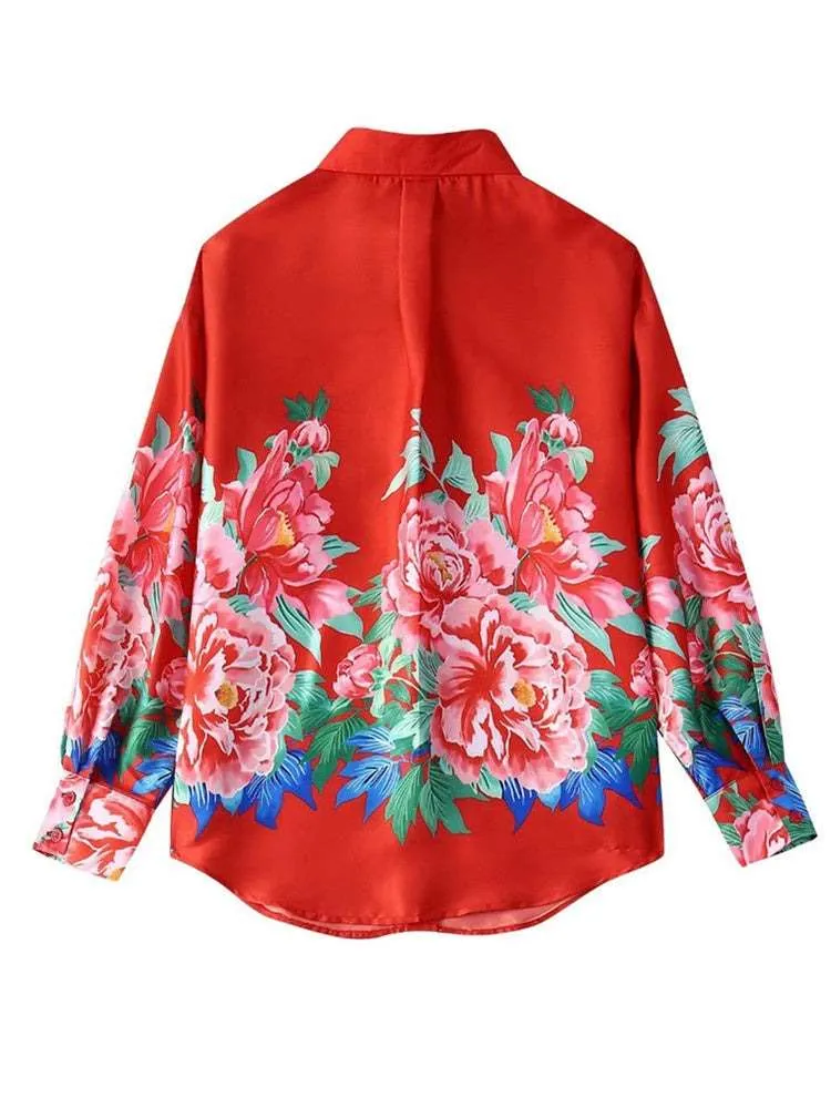 Vintage Chic Floral Red Blouse