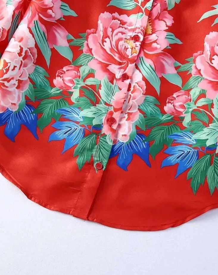 Vintage Chic Floral Red Blouse
