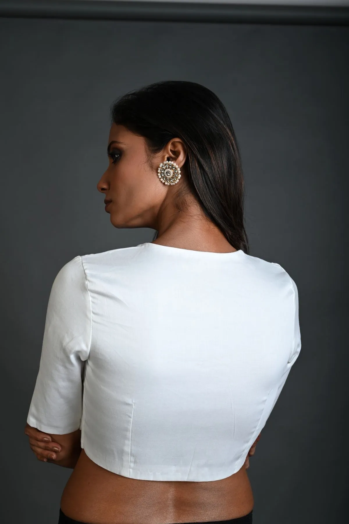 White Cotton Blouse with Half Sleeves and Round Neck