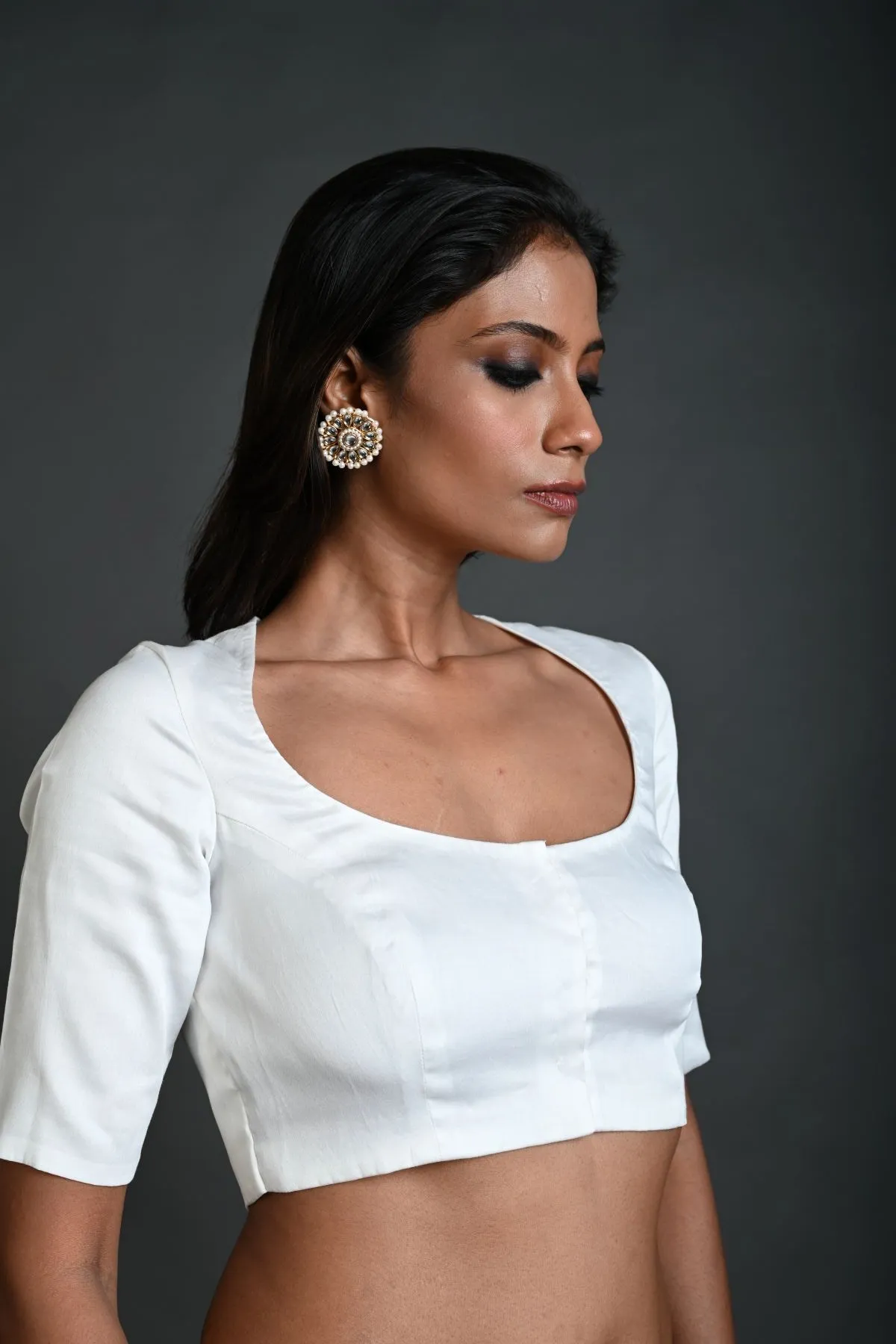 White Cotton Blouse with Half Sleeves and Round Neck