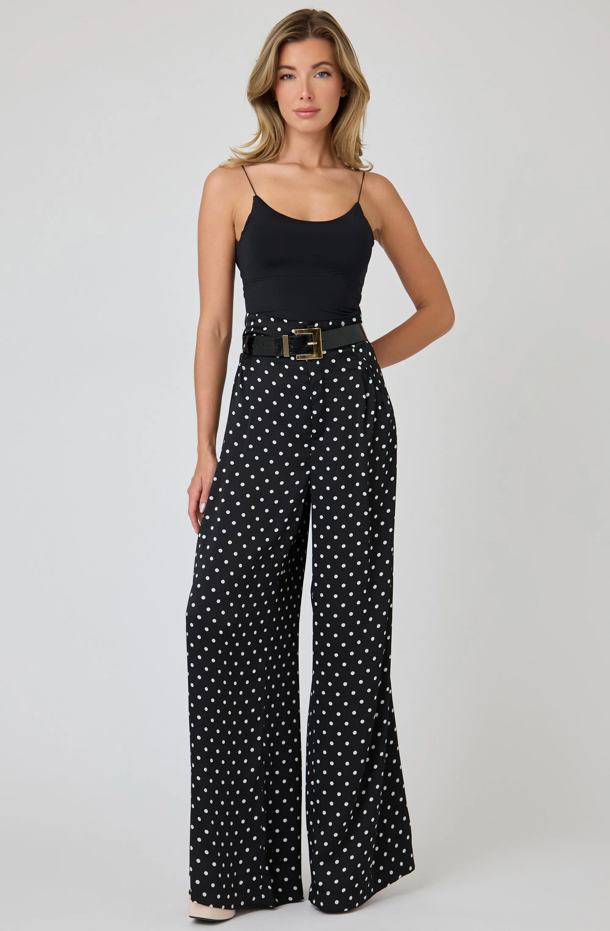 Wide Leg Polka Dot Belted Pants