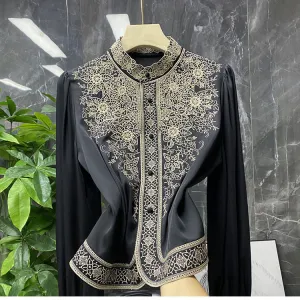 Women Embroidery Vintage Blusas De Mujer Stand Collar Blouse