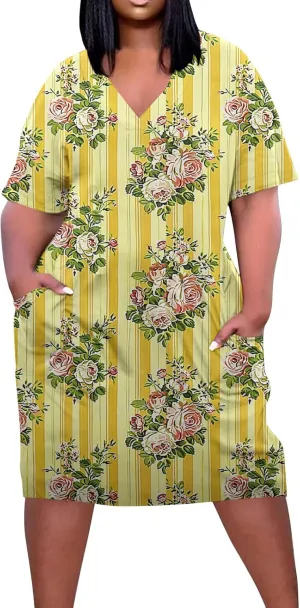 Women Oversized Dress Floral Printed V Neck Casual Tunic Dress Summer Short Sleeve Knee Length Midi Dresses Plus Size