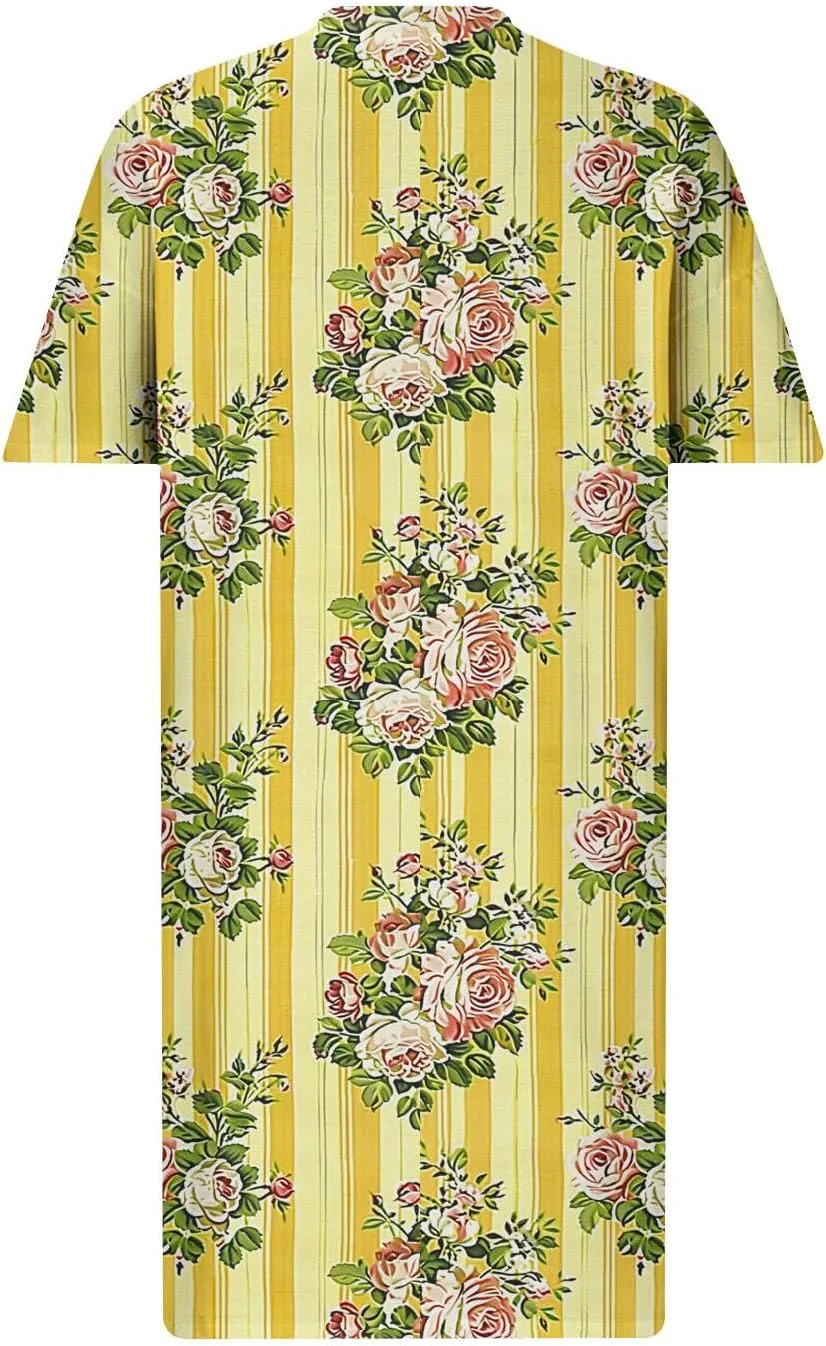Women Oversized Dress Floral Printed V Neck Casual Tunic Dress Summer Short Sleeve Knee Length Midi Dresses Plus Size