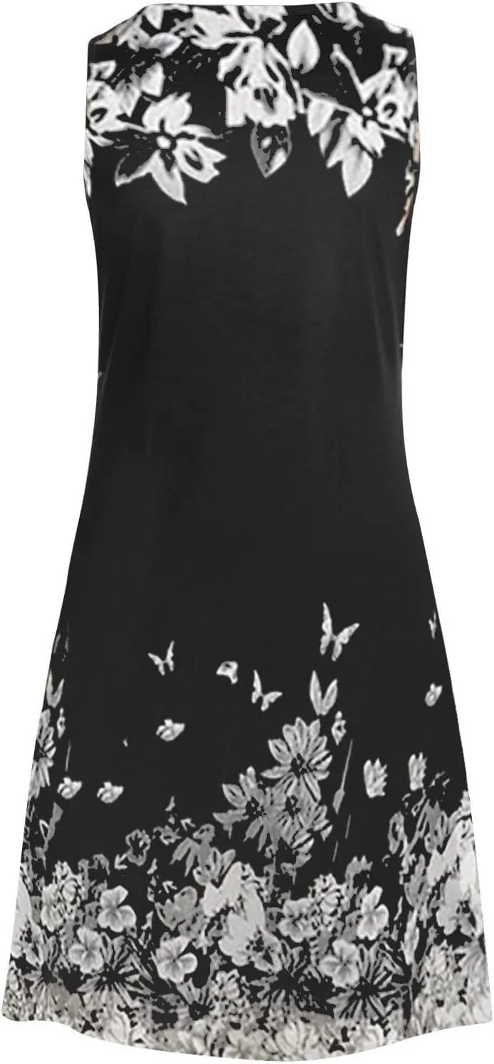 Women's Beach Vacation Clothes Casual Summer Floral Printed Sleeveless Tank Dress Hollow Out Crewneck Short, S-2XL