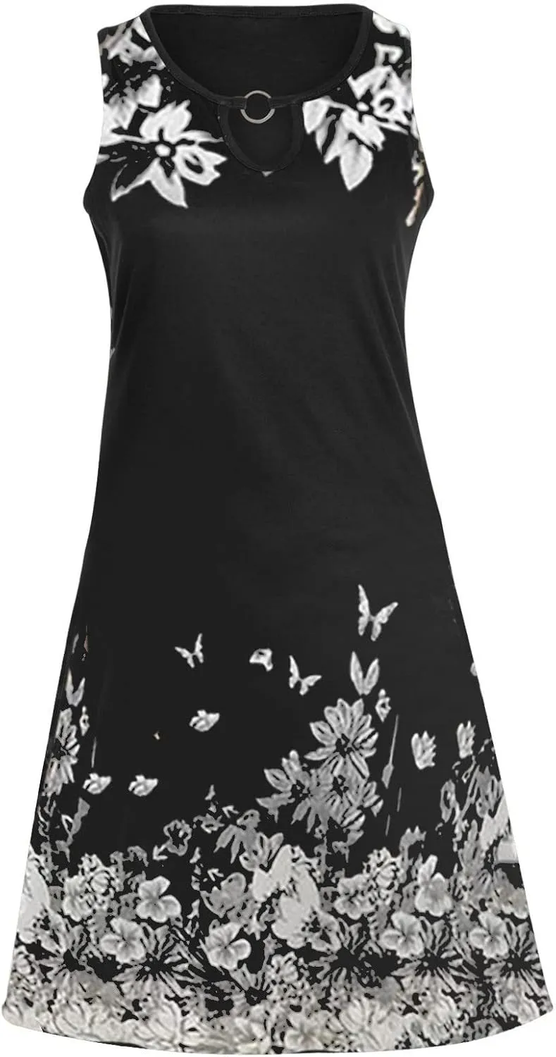 Women's Beach Vacation Clothes Casual Summer Floral Printed Sleeveless Tank Dress Hollow Out Crewneck Short, S-2XL
