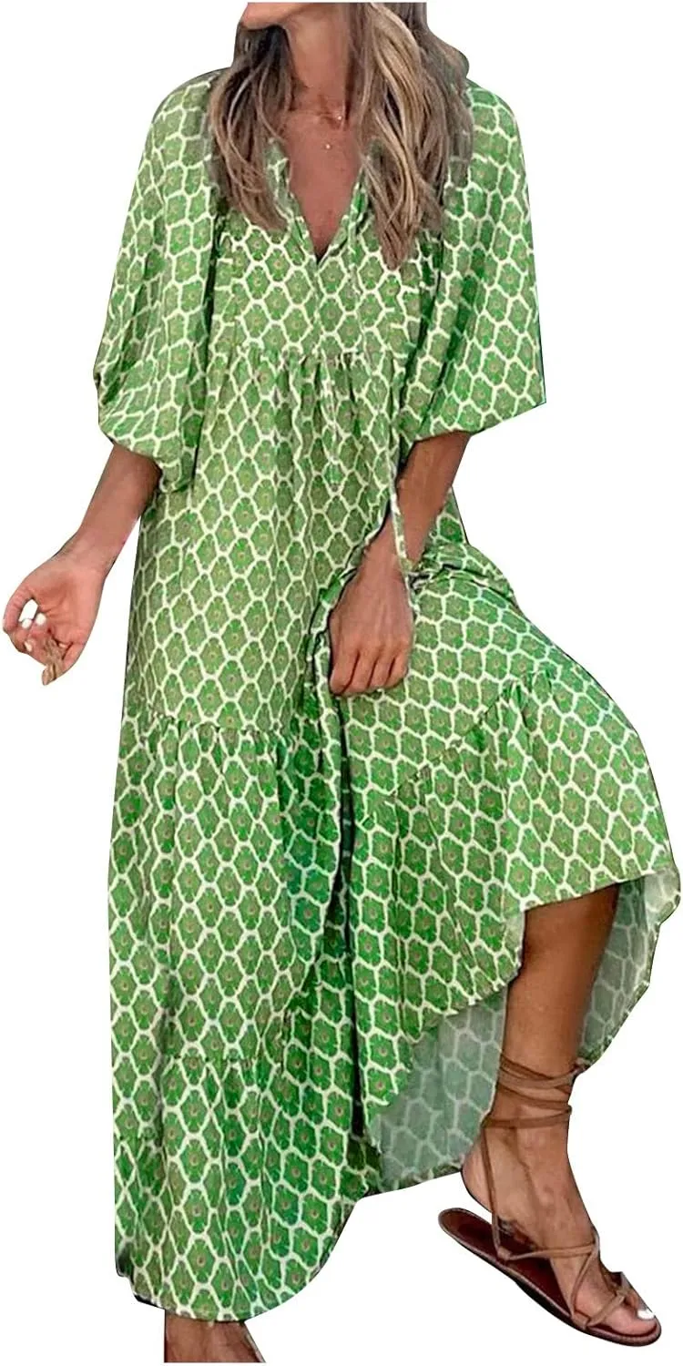 Women's Casual Dresses Loose Striped Floral Printed 2024 Swing Short Sleeve Round Maxi Dresses, S-3XL