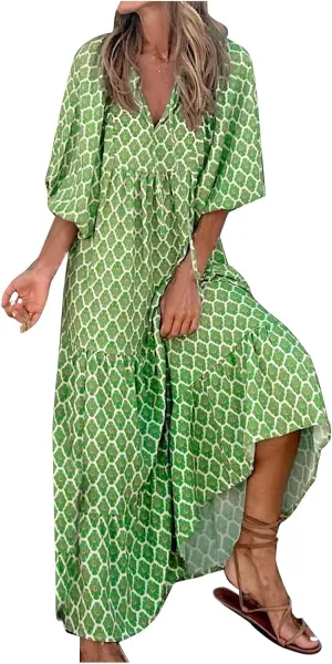Women's Casual Dresses Loose Striped Floral Printed 2024 Swing Short Sleeve Round Maxi Dresses, S-3XL