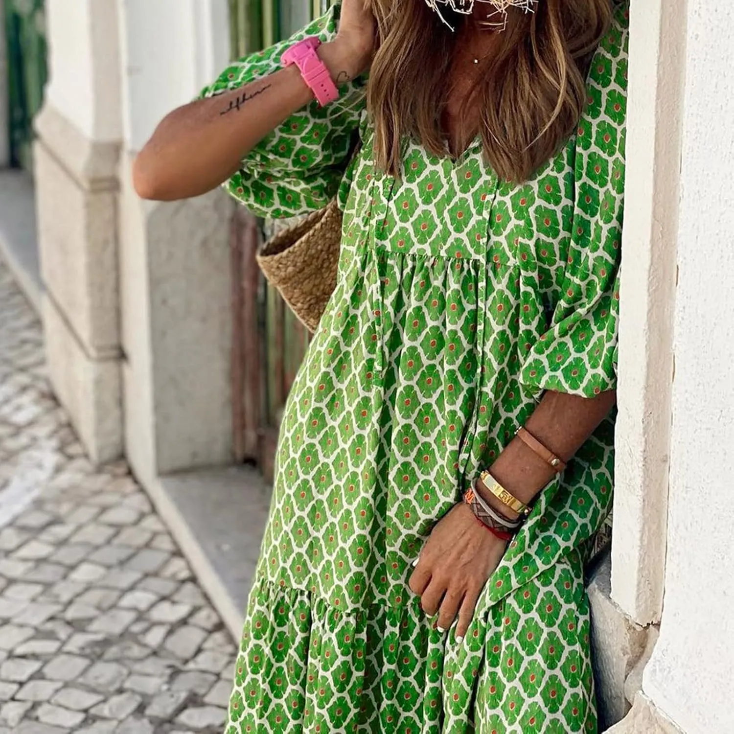Women's Dresses Summer Maxi Dresses 2024 Casual Loose Swing Printed Midi Sleeve Dresses Beach, S-2XL