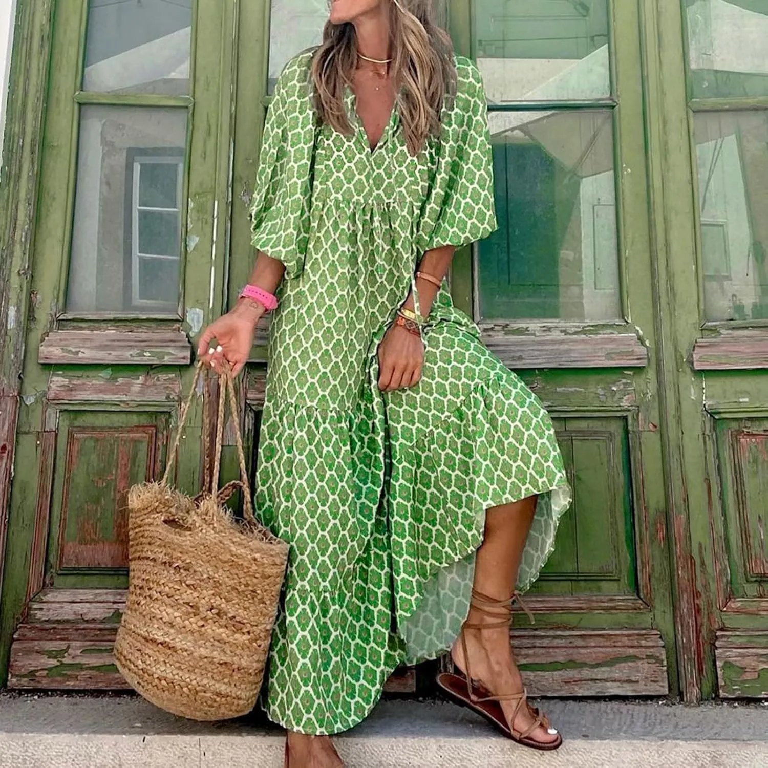 Women's Dresses Summer Maxi Dresses 2024 Casual Loose Swing Printed Midi Sleeve Dresses Beach, S-2XL