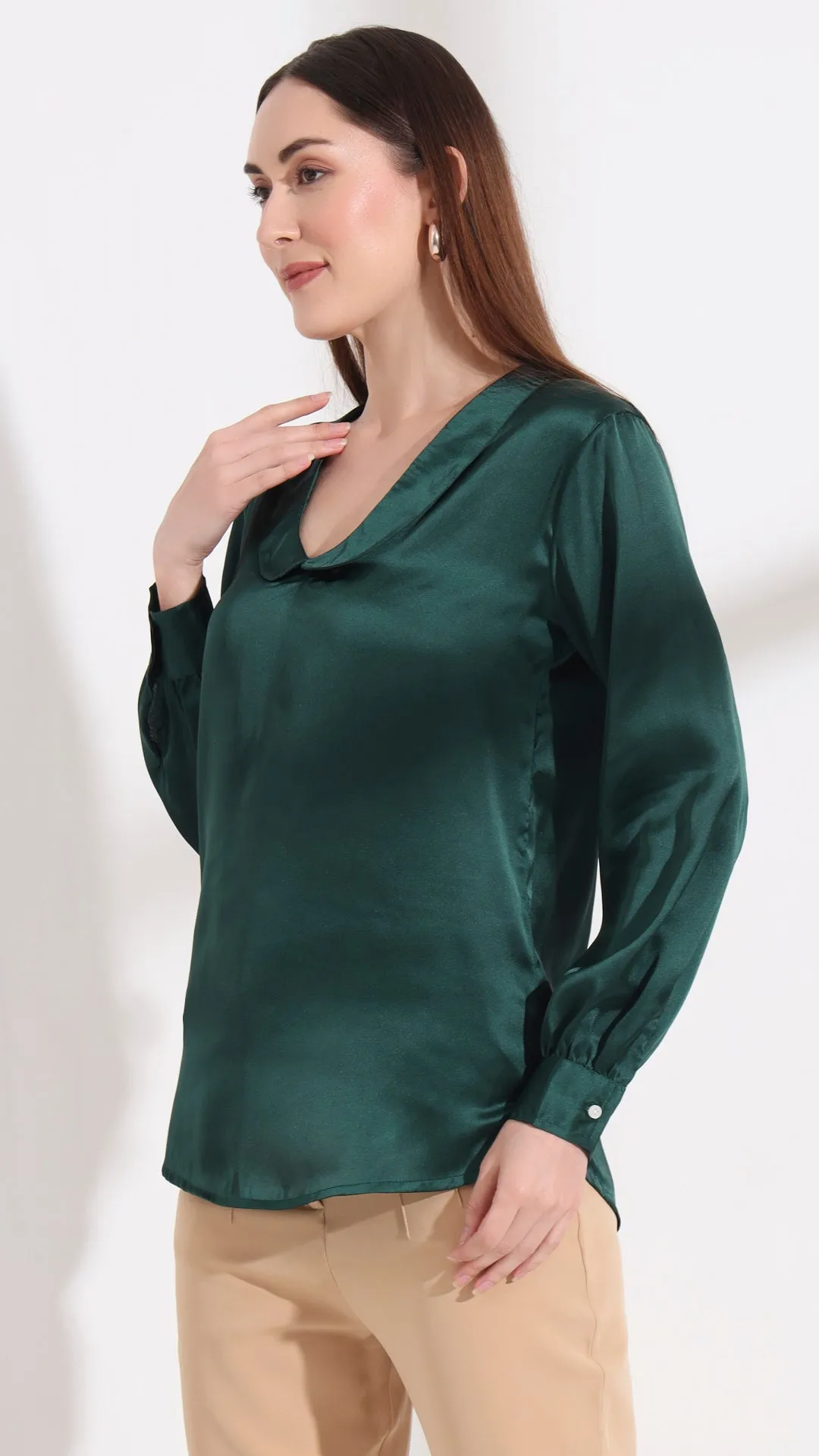 Womens Premium Summer Satin Emerald Green Peter Pan Collar Top