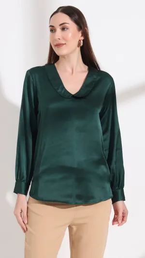 Womens Premium Summer Satin Emerald Green Peter Pan Collar Top