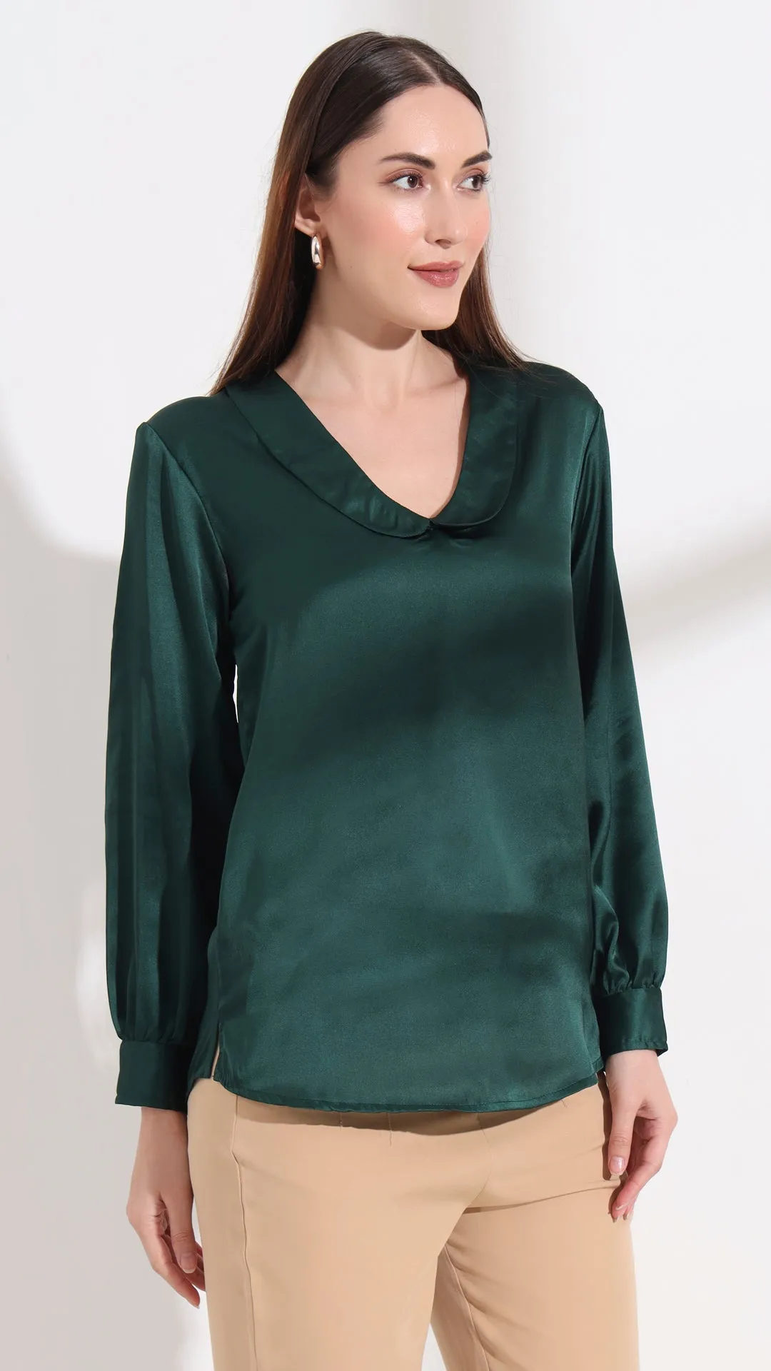 Womens Premium Summer Satin Emerald Green Peter Pan Collar Top