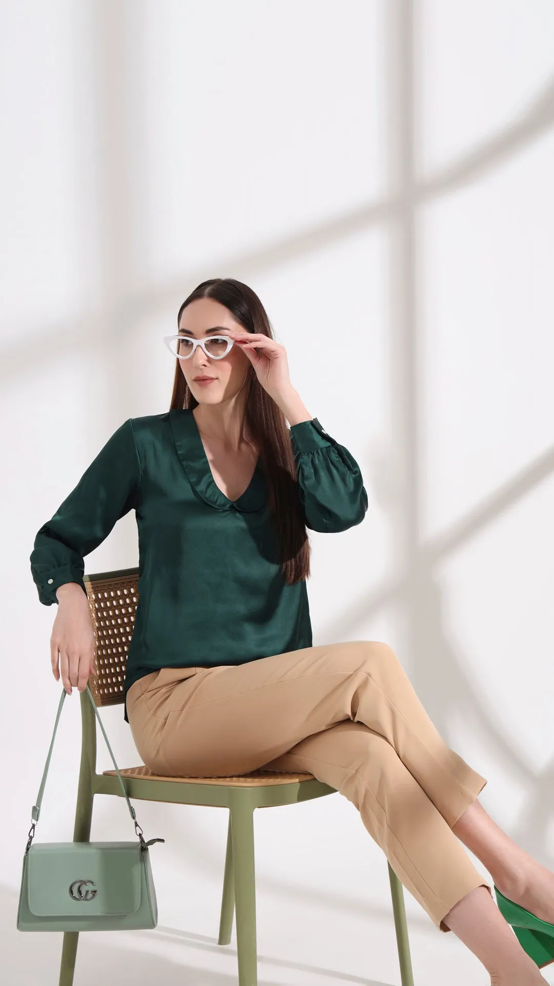 Womens Premium Summer Satin Emerald Green Peter Pan Collar Top