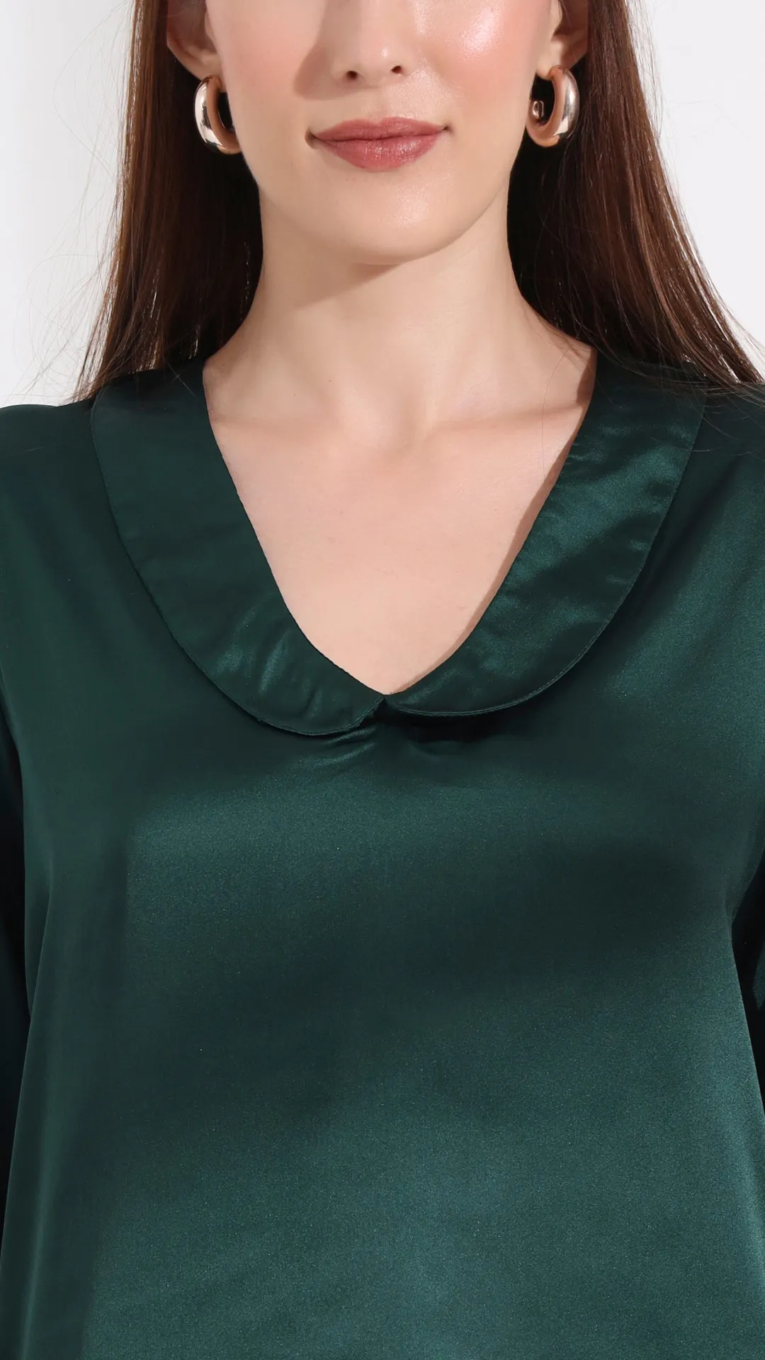 Womens Premium Summer Satin Emerald Green Peter Pan Collar Top