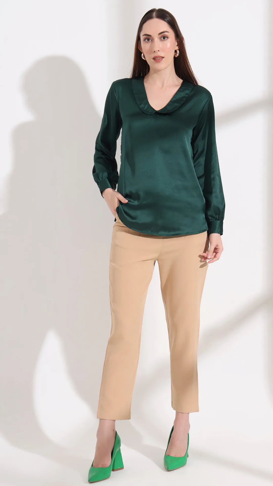 Womens Premium Summer Satin Emerald Green Peter Pan Collar Top