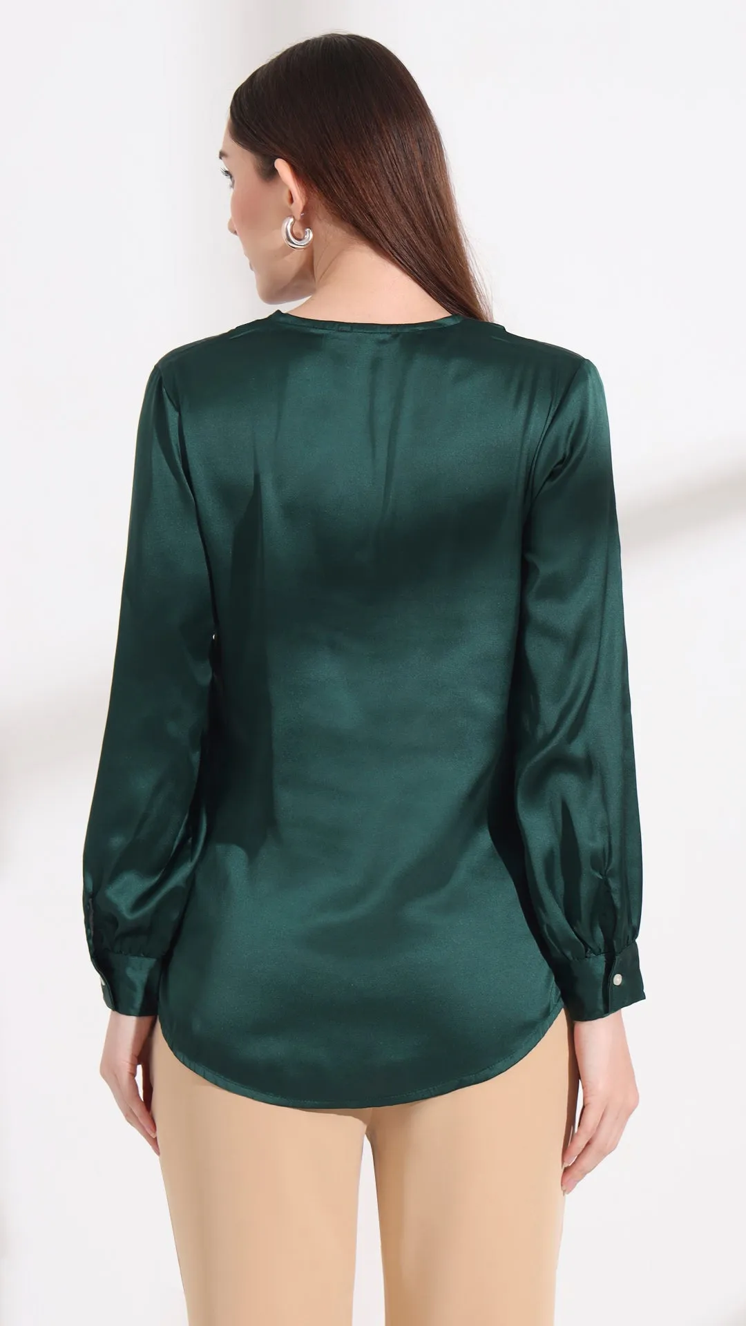 Womens Premium Summer Satin Emerald Green Peter Pan Collar Top