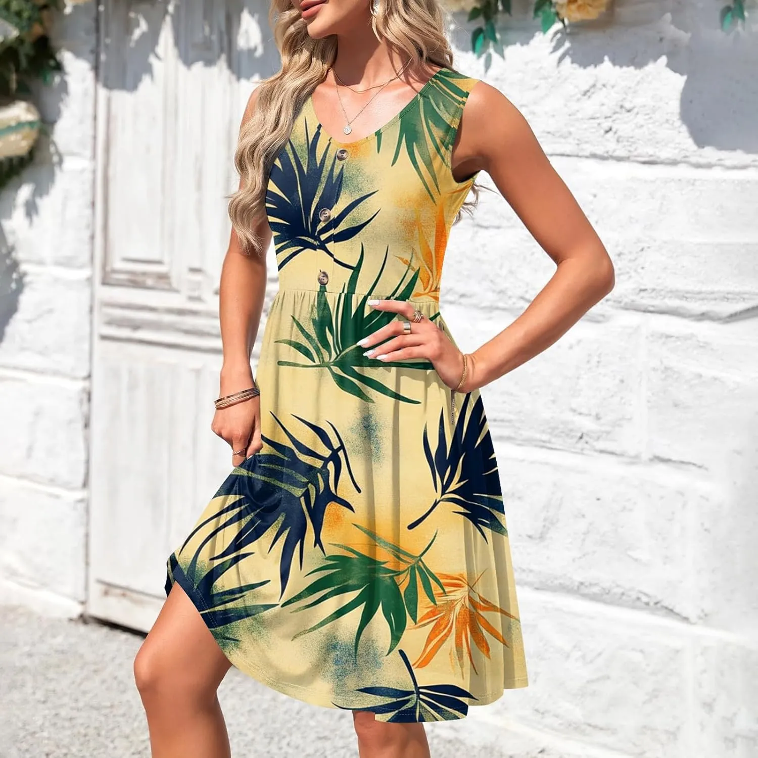 Womens Summer Dresses Printed Tshirt Tank Dresses Beach Loose Sundresses Casual Sleeveless Mini Dress with Pockets