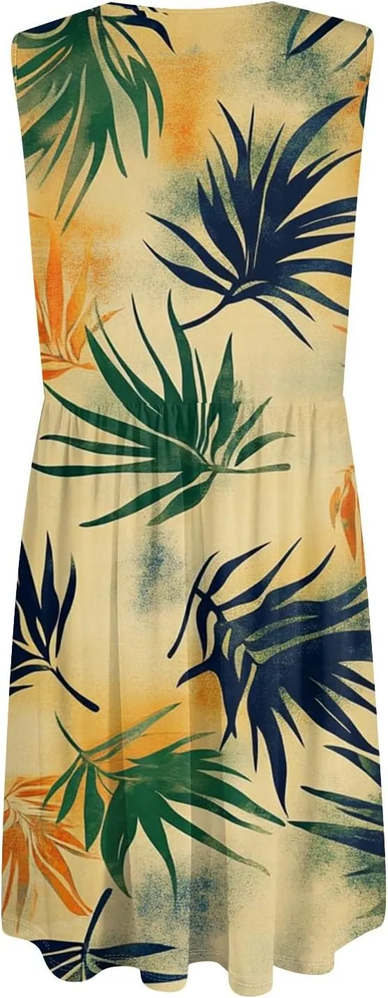 Womens Summer Dresses Printed Tshirt Tank Dresses Beach Loose Sundresses Casual Sleeveless Mini Dress with Pockets