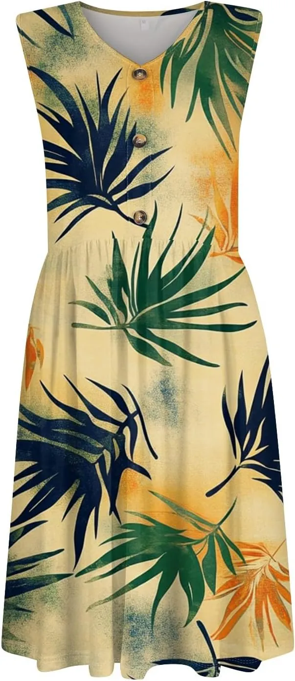 Womens Summer Dresses Printed Tshirt Tank Dresses Beach Loose Sundresses Casual Sleeveless Mini Dress with Pockets