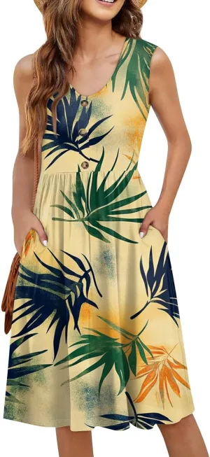 Womens Summer Dresses Printed Tshirt Tank Dresses Beach Loose Sundresses Casual Sleeveless Mini Dress with Pockets
