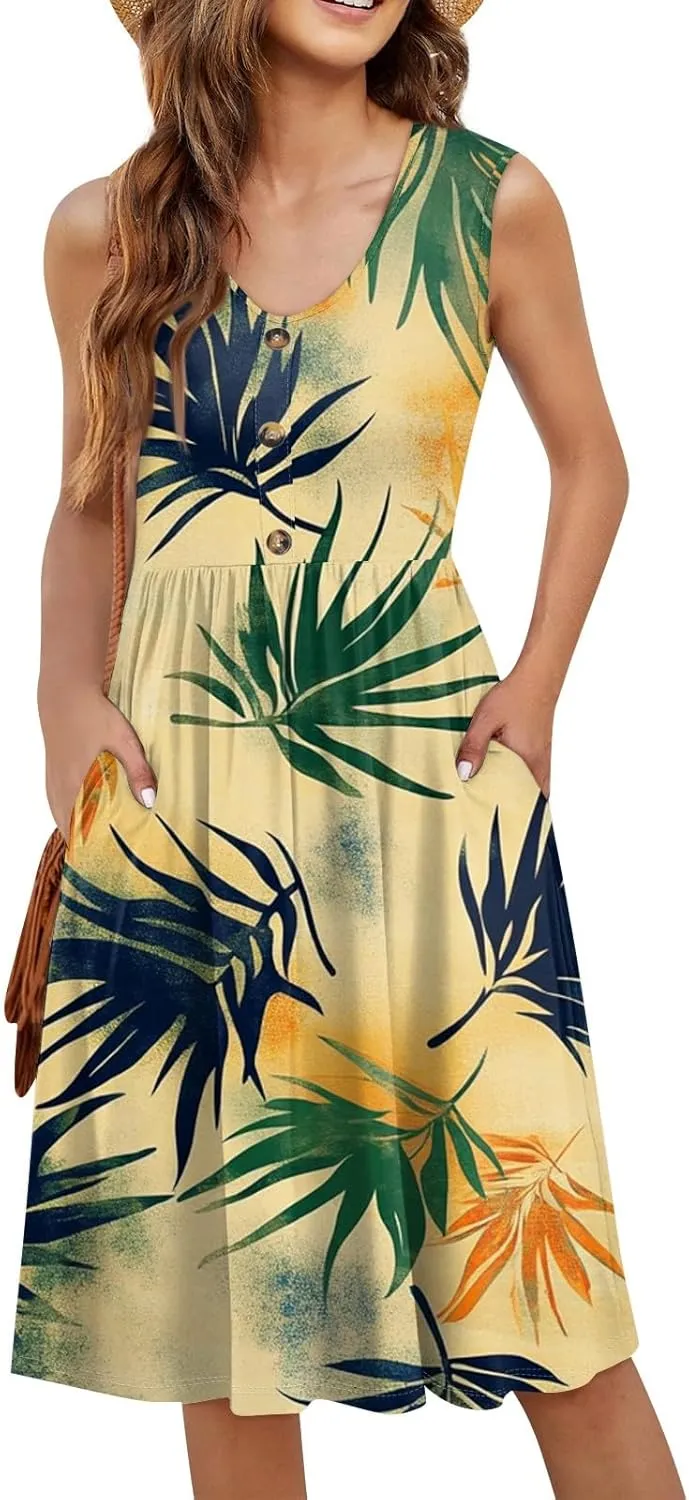 Womens Summer Dresses Printed Tshirt Tank Dresses Beach Loose Sundresses Casual Sleeveless Mini Dress with Pockets