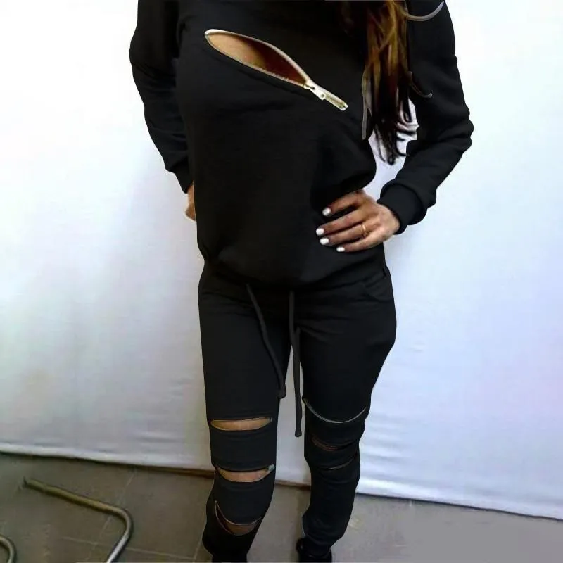 Zipper Cutout Sports Hoodies Set Activewear