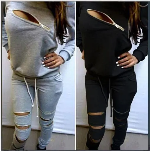 Zipper Cutout Sports Hoodies Set Activewear